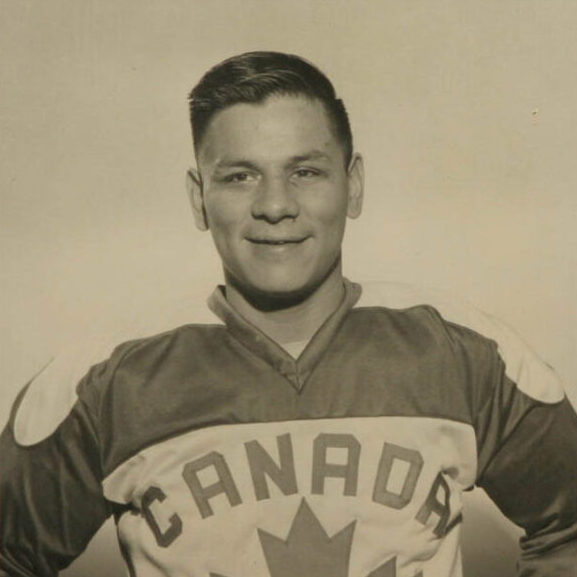 Gaylord Powless, poses for a portrait in a Canadian jersey, sepia