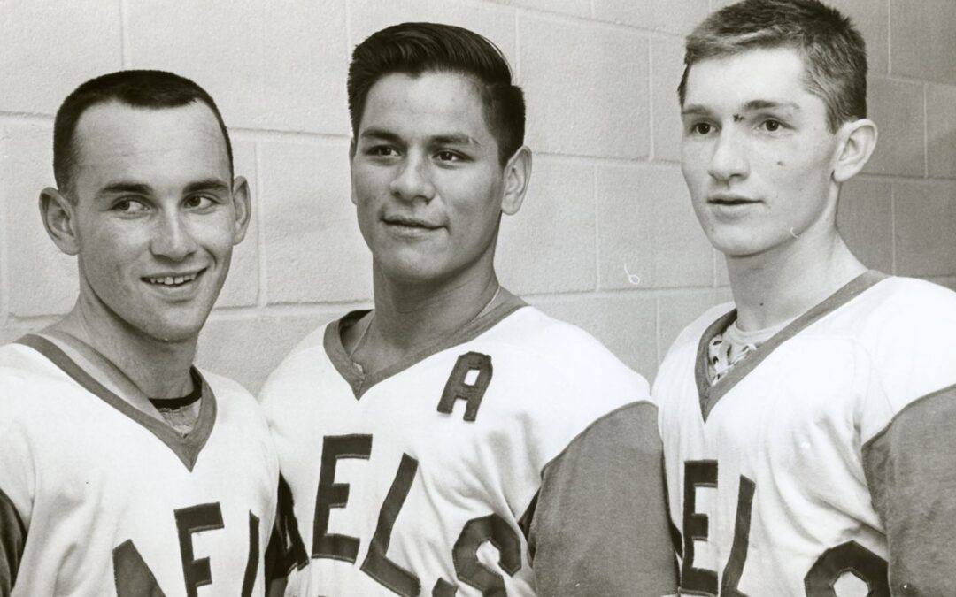 In 1964, at 17 years of age, Gaylord Powless (centre) won the Tom Longboat Award and the National Lacrosse Association’s All-Star Award. Courtesy of Canada’s Sports Hall of Fame